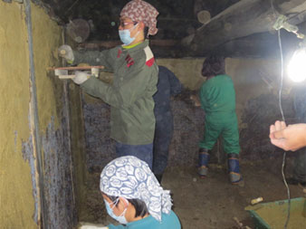 柄の入った三角巾と手袋やマスクをした大学生達が古びた古民家の土壁塗りをし、古民家改修をしている写真