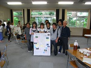 写真や付箋などが貼られた模造紙を正面に持ったグループの集合写真