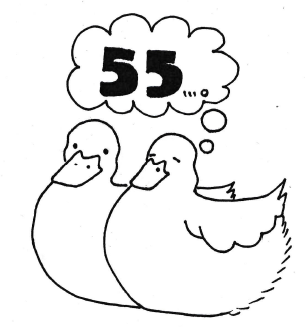 吹き出しに開園55周年記念の「55…」と書かれている2羽のアヒルのイラスト
