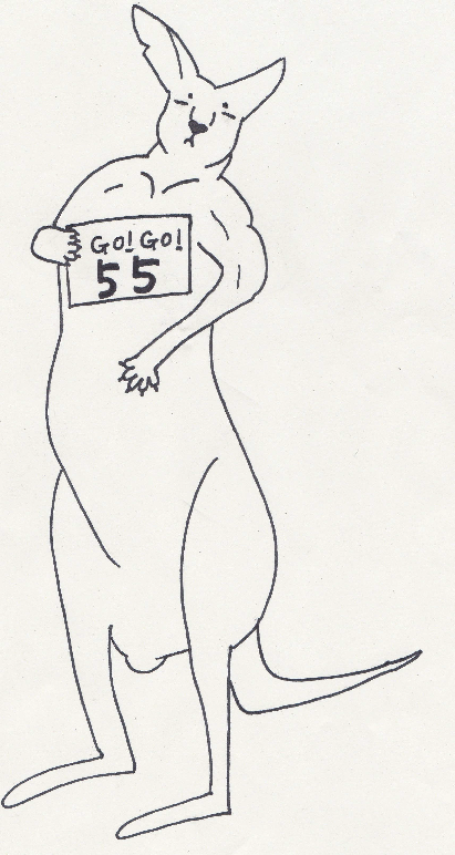 開園55周年記念の「GO!GO!55」と書かれたボードを持っているカンガルーのイラスト