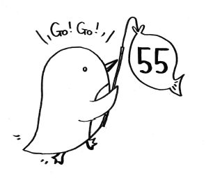 「GO!GO!」と言いながら開園55周年記念の「55」と書かれた魚を釣っているペンギンのイラスト