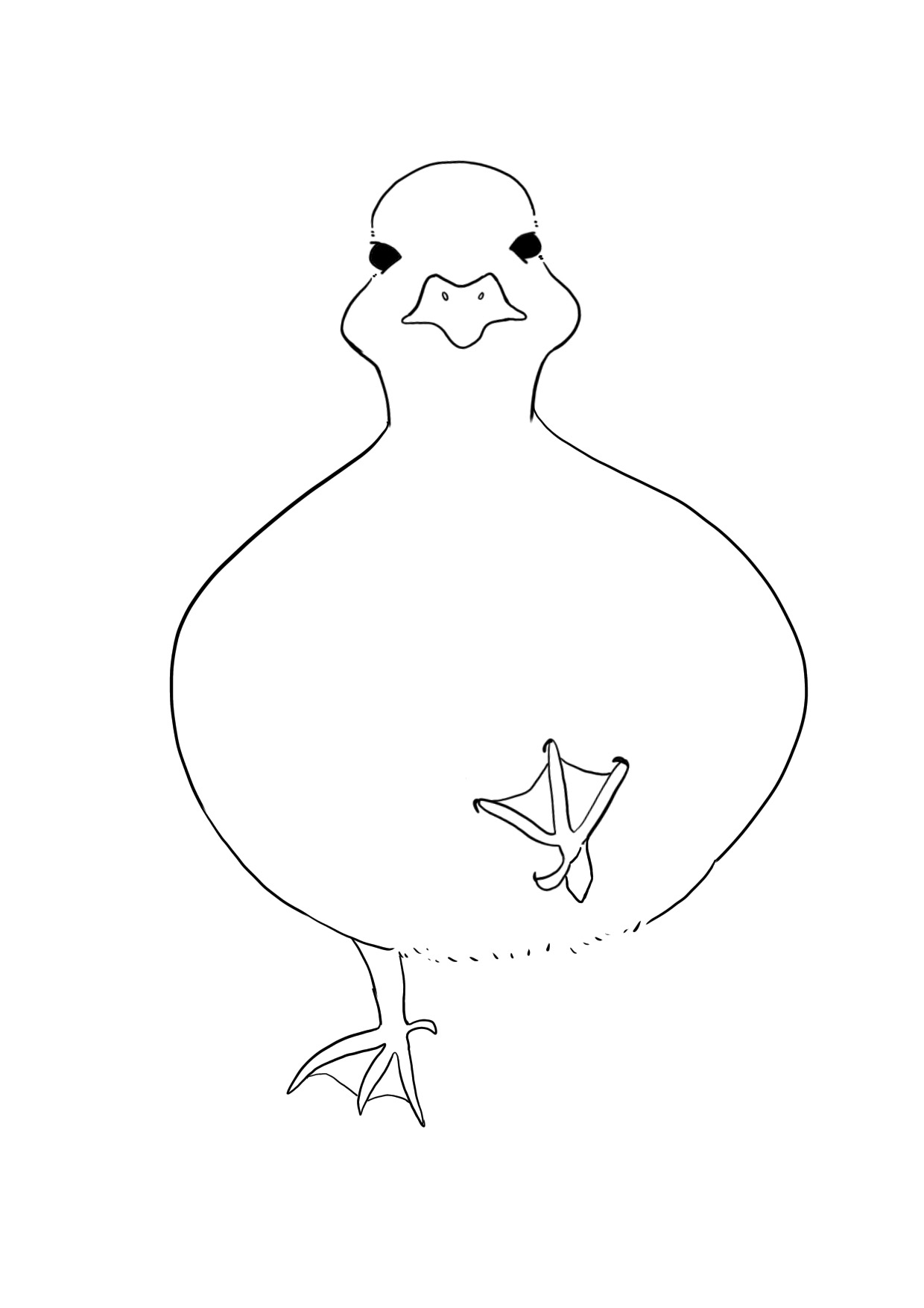 左足を前に突き出して片足で立つあひるの白黒画像