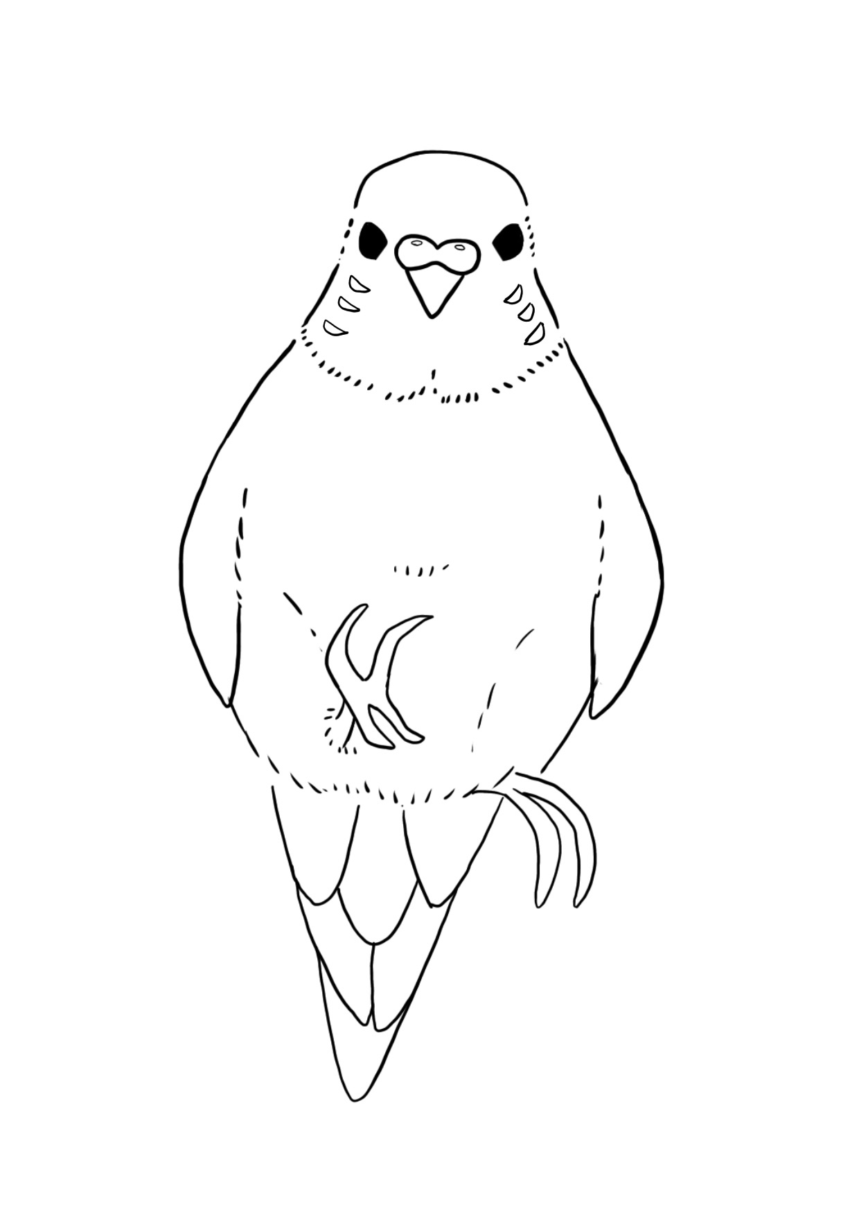 インコの白黒イラスト、右足を上げて片足で立つ