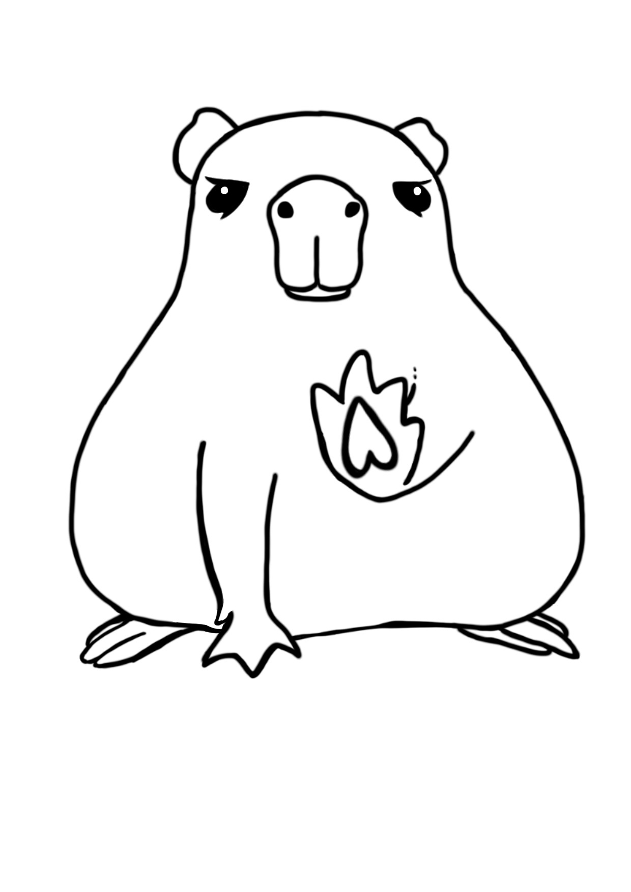 カピバラのイラスト、線だけの白黒