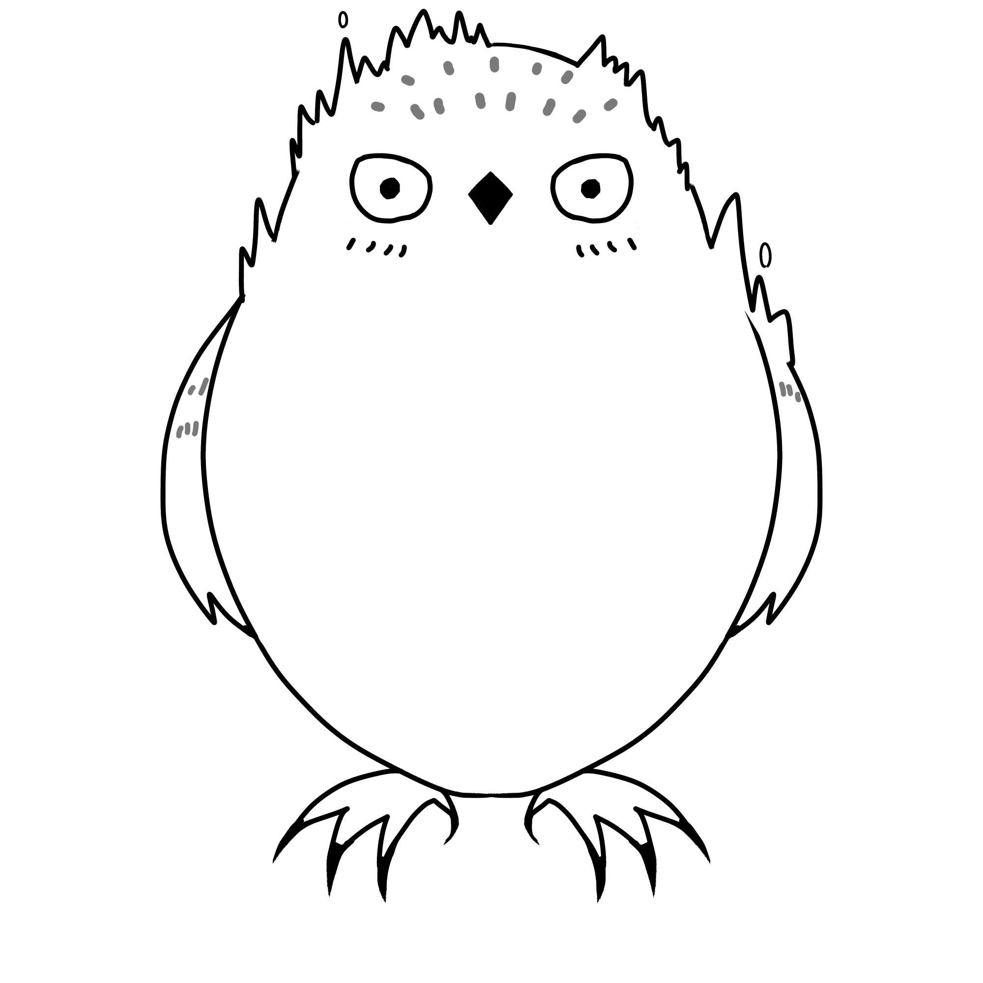 シロフクロウ、びっくりして毛が逆立っている白黒イラスト