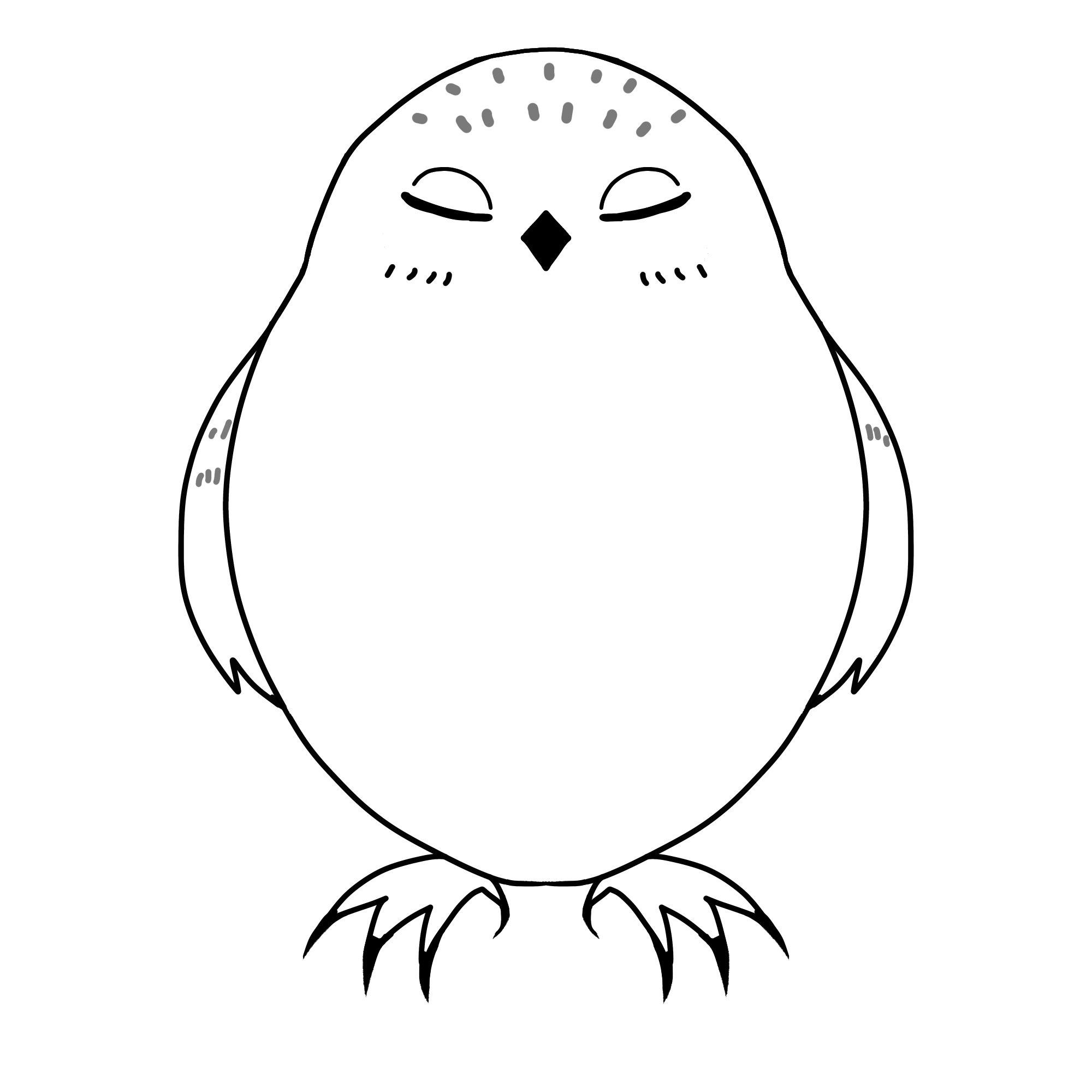 シロフクロウ、目を閉じている白黒イラスト