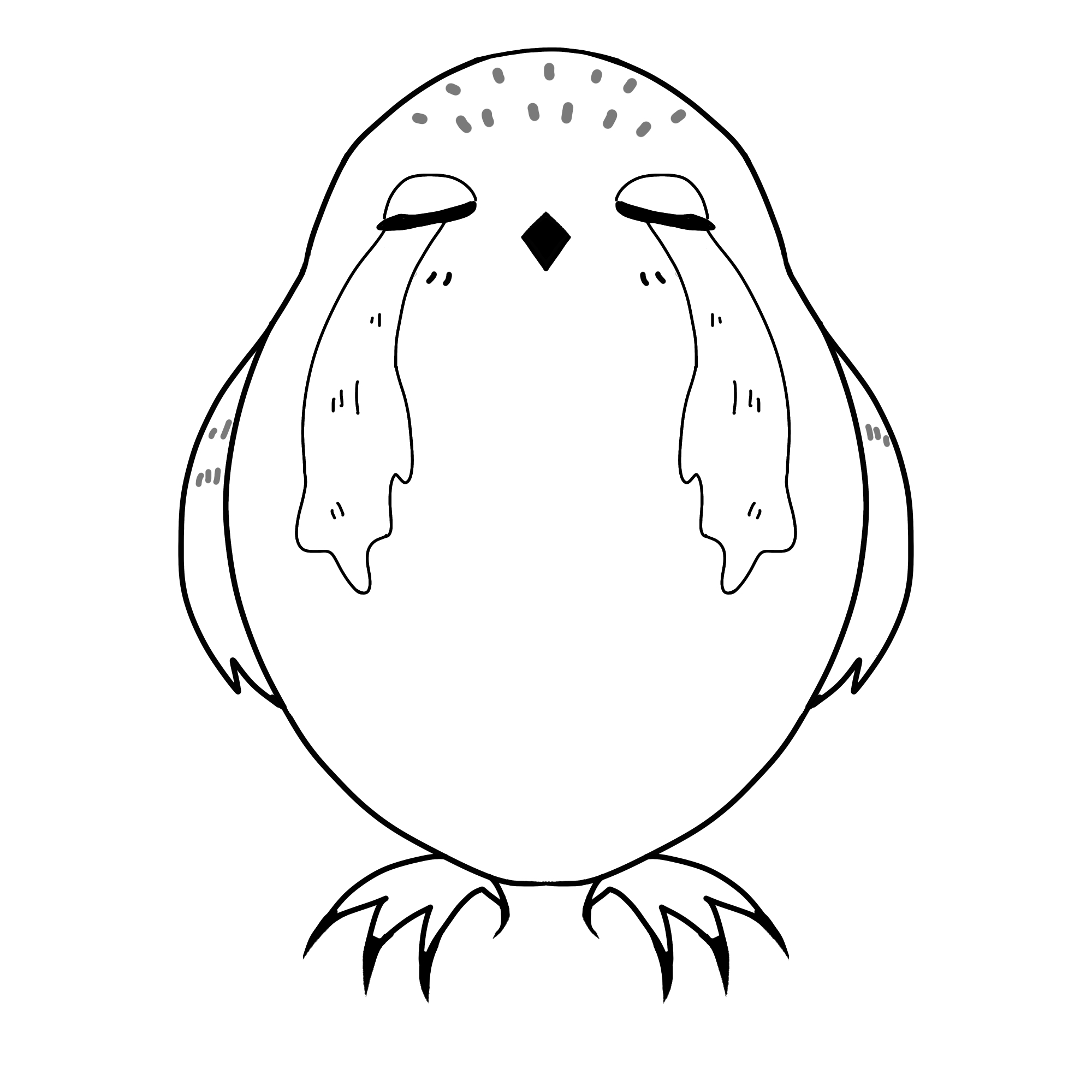 シロフクロウ、目を閉じて涙を流している白黒イラスト