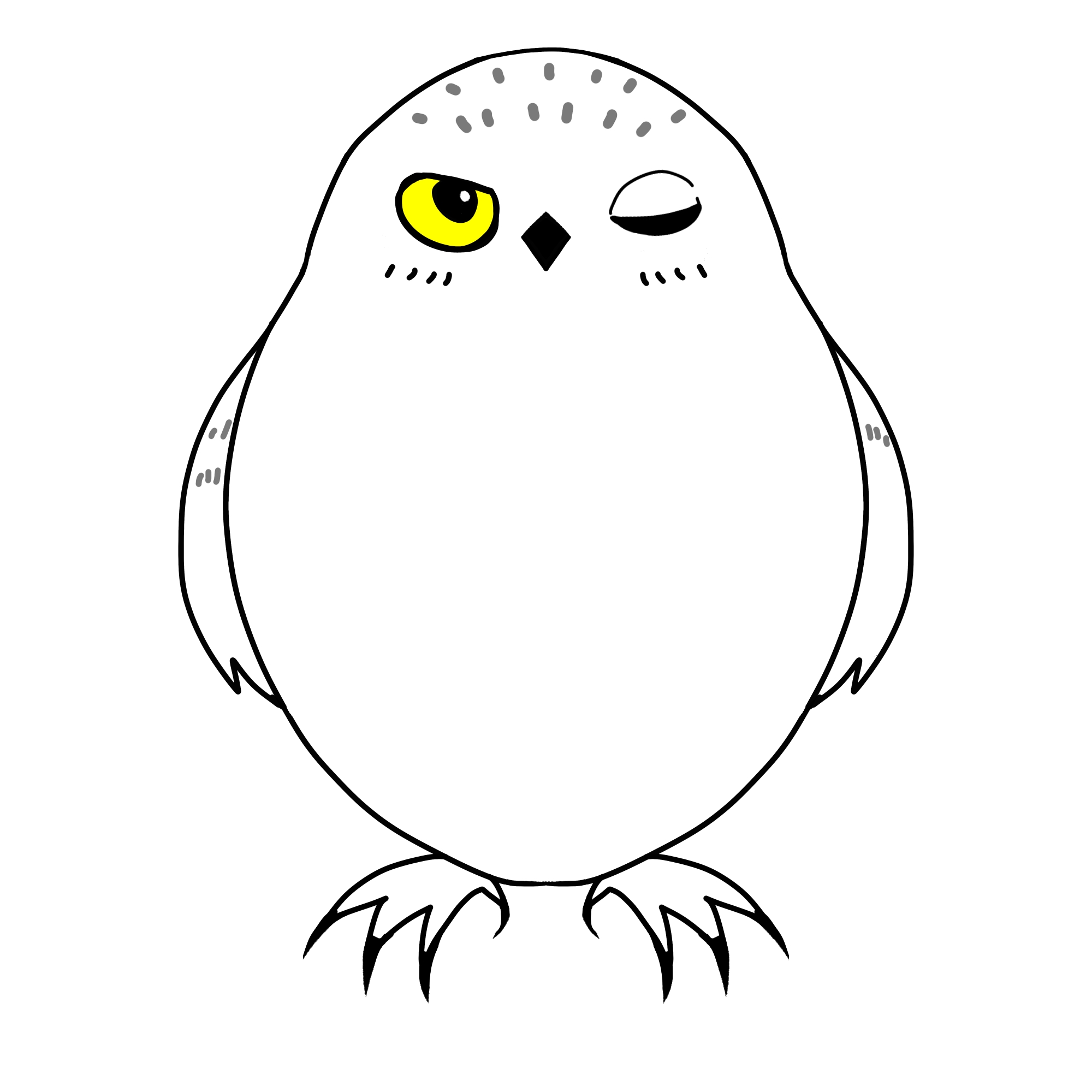 シロフクロウ、片目をつむってウインクをしているカラーイラスト