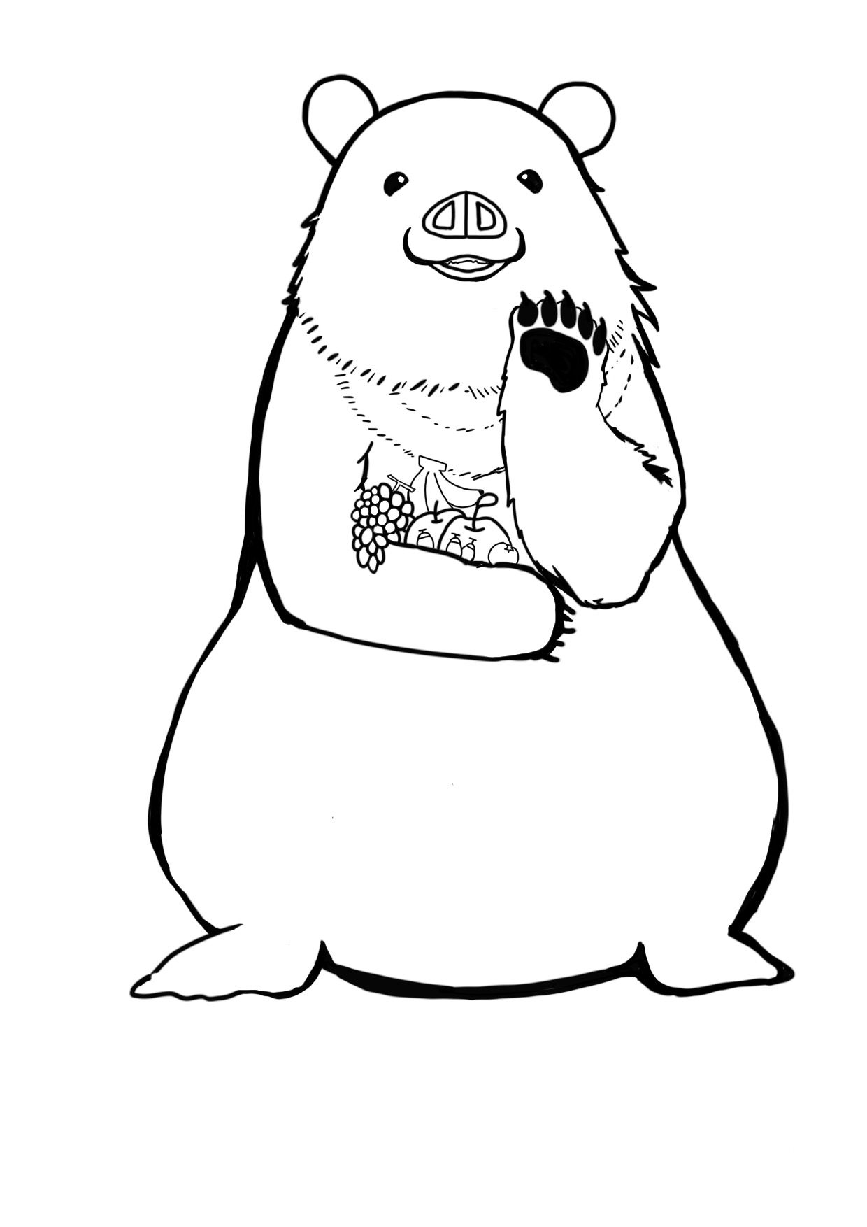 ツキノワグマが正面を向いて立ち、両手に果物を抱える白黒画像