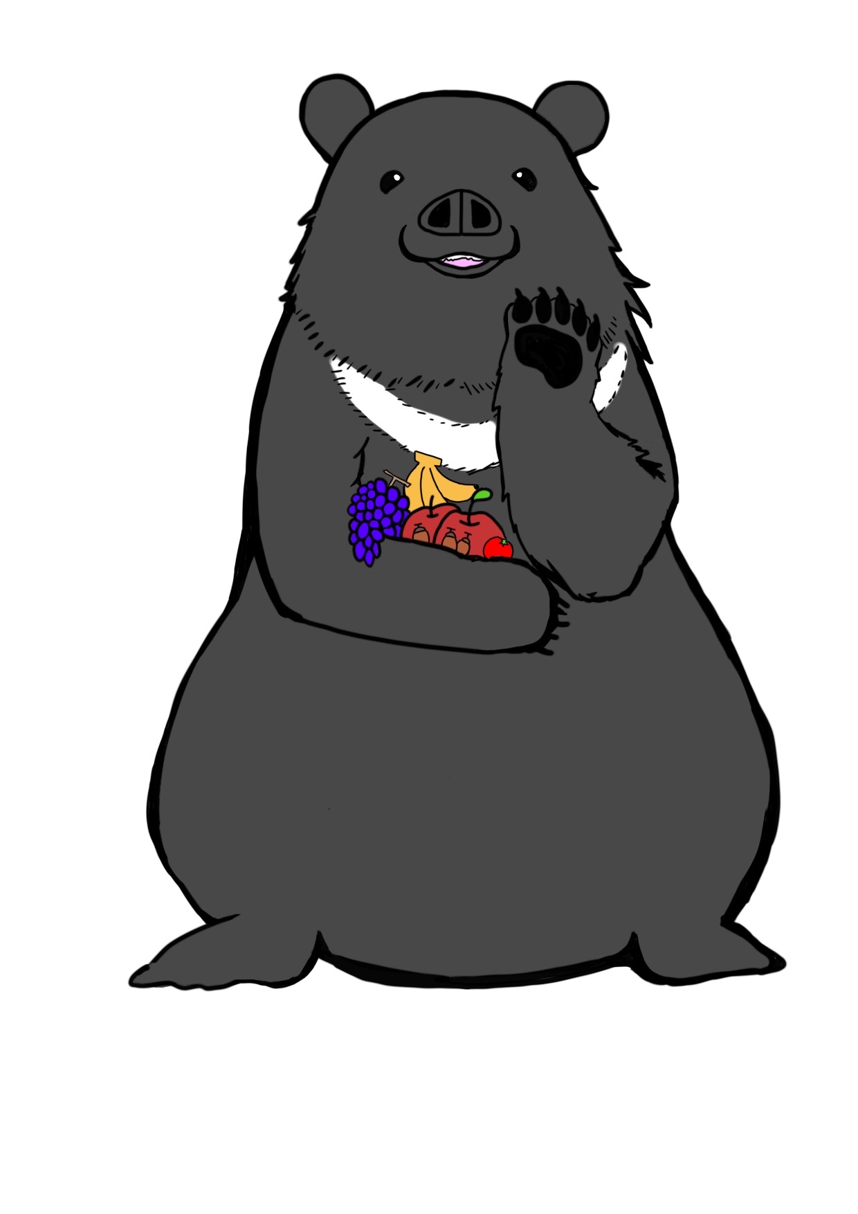 ツキノワグマが正面を向いて立ち、両手に果物を抱えるカラーイラスト