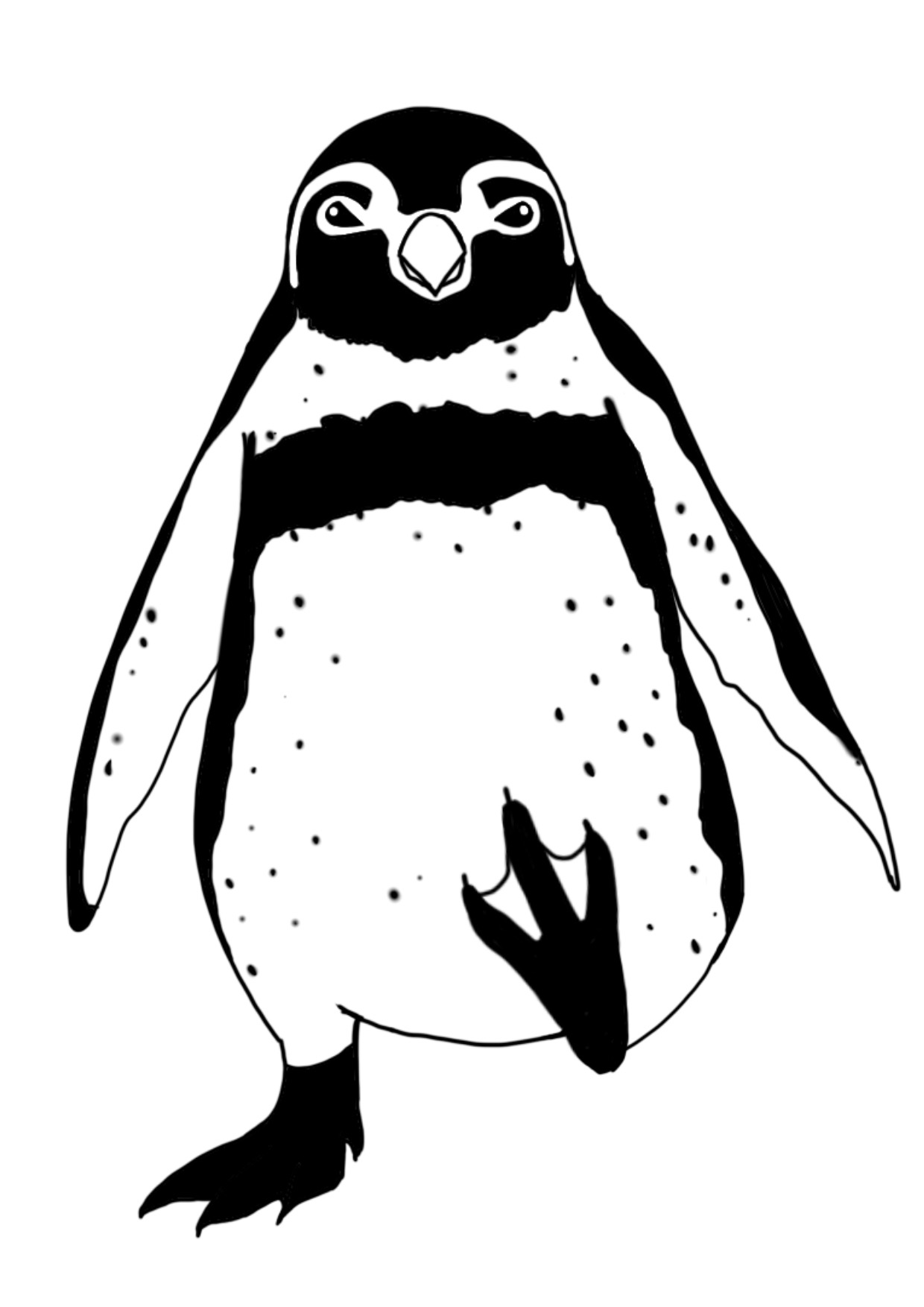 フンボルトペンギンが左足を挙げて前に突き出している、白黒イアラスト