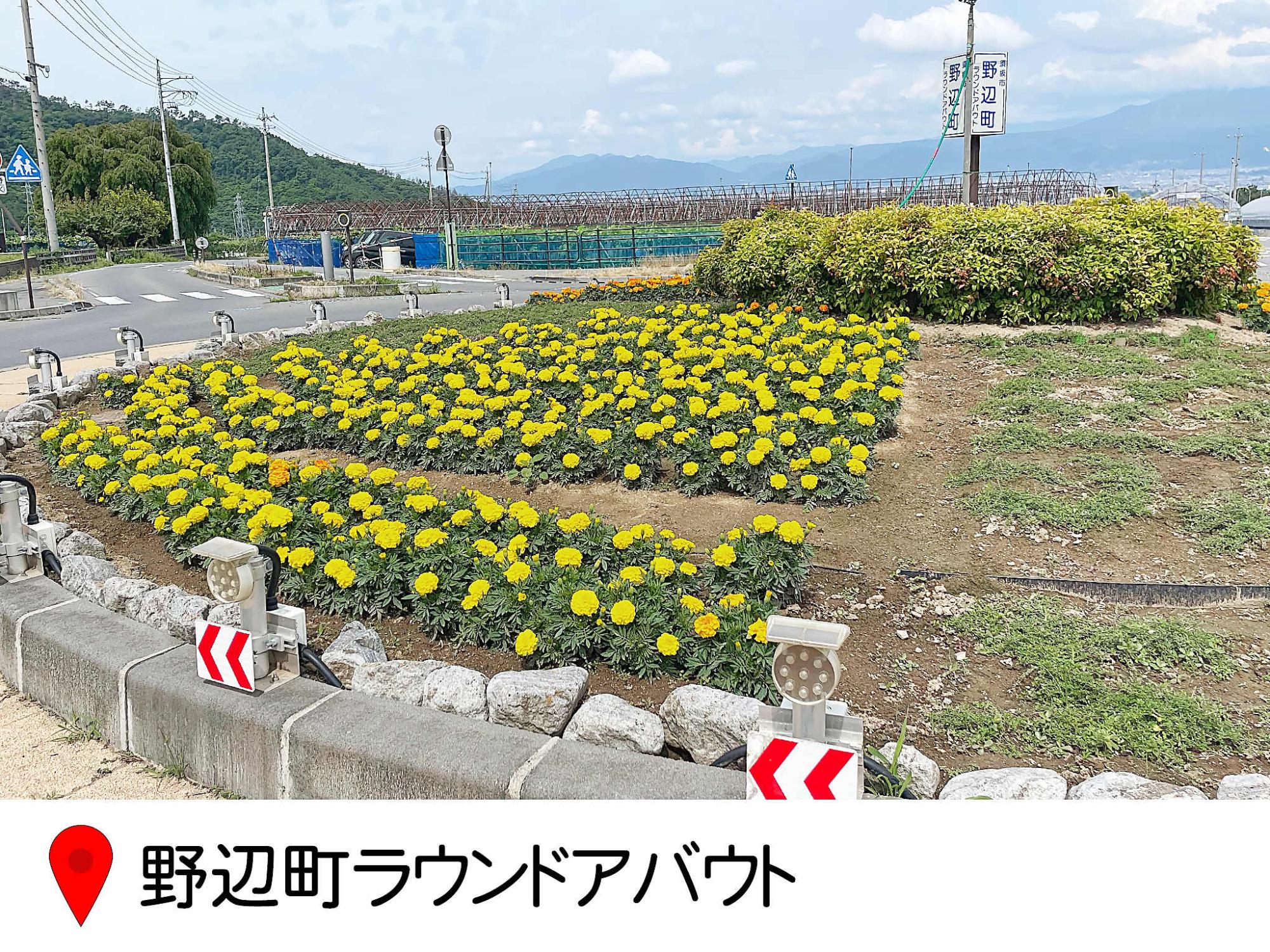 のべ町のラウンドアバウトの中心にある花壇の写真。