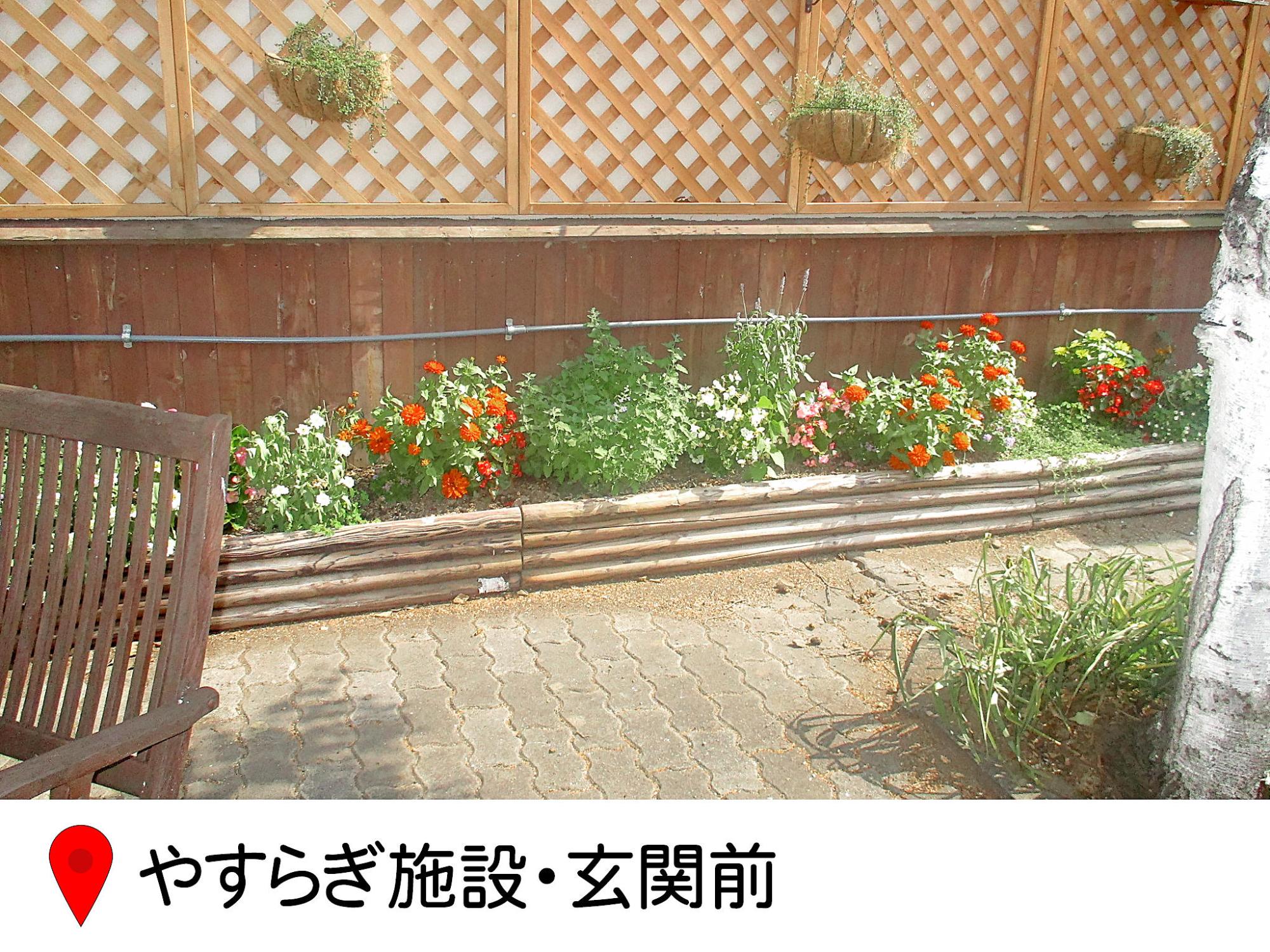 須坂やすらぎの園の施設玄関前の花壇の写真