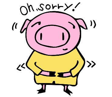 Oh,sorry！頭と両腕を振って謝っているブタのイラスト
