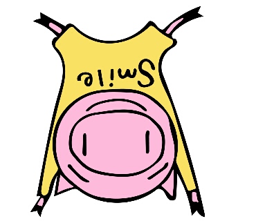 Smileと書かれた黄色のシャツを着て逆立ちしている豚のイラスト