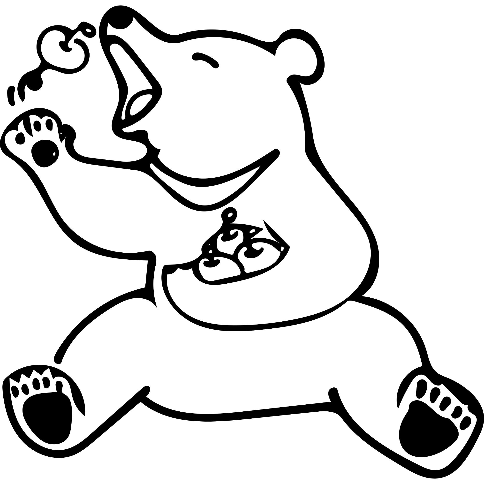 両後足を広げて座り、りんごを口に入れているクマの白黒のイラスト