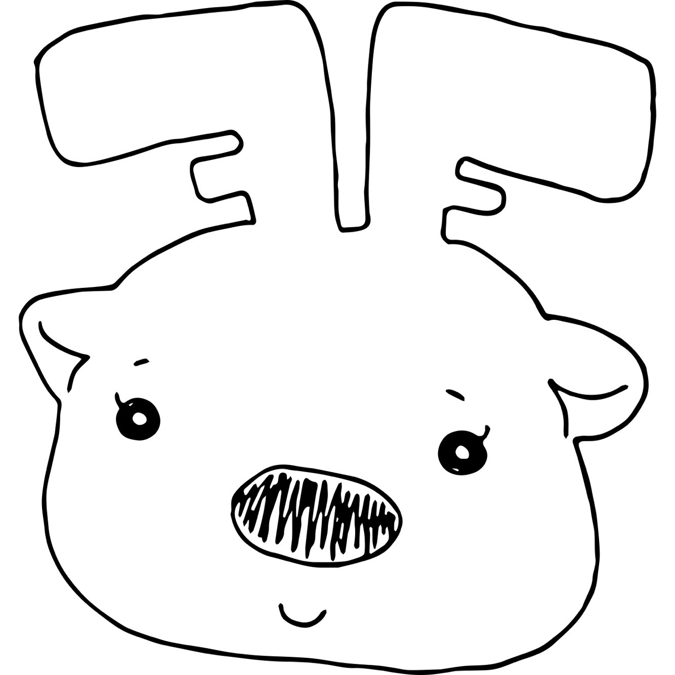 つぶらな瞳で笑っているトナカイの顔の白黒のイラスト
