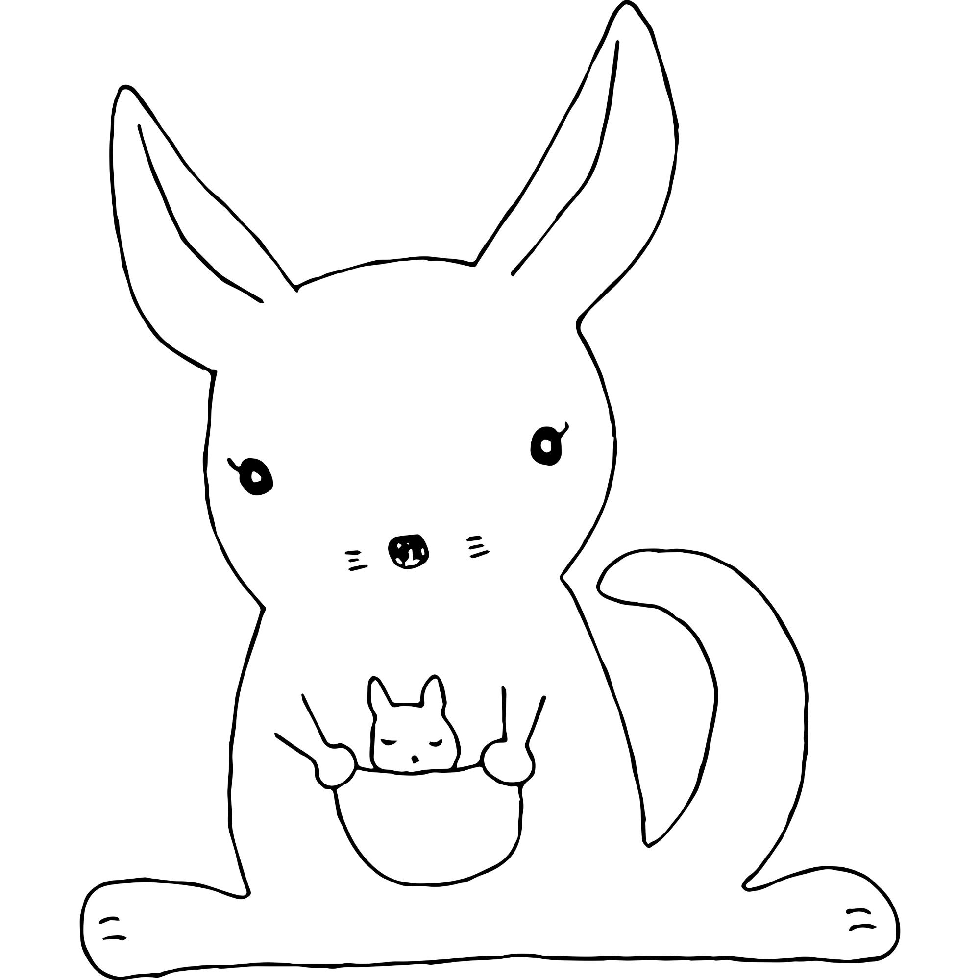 お腹の袋に赤ちゃんが入っているカンガルーの白黒のイラスト