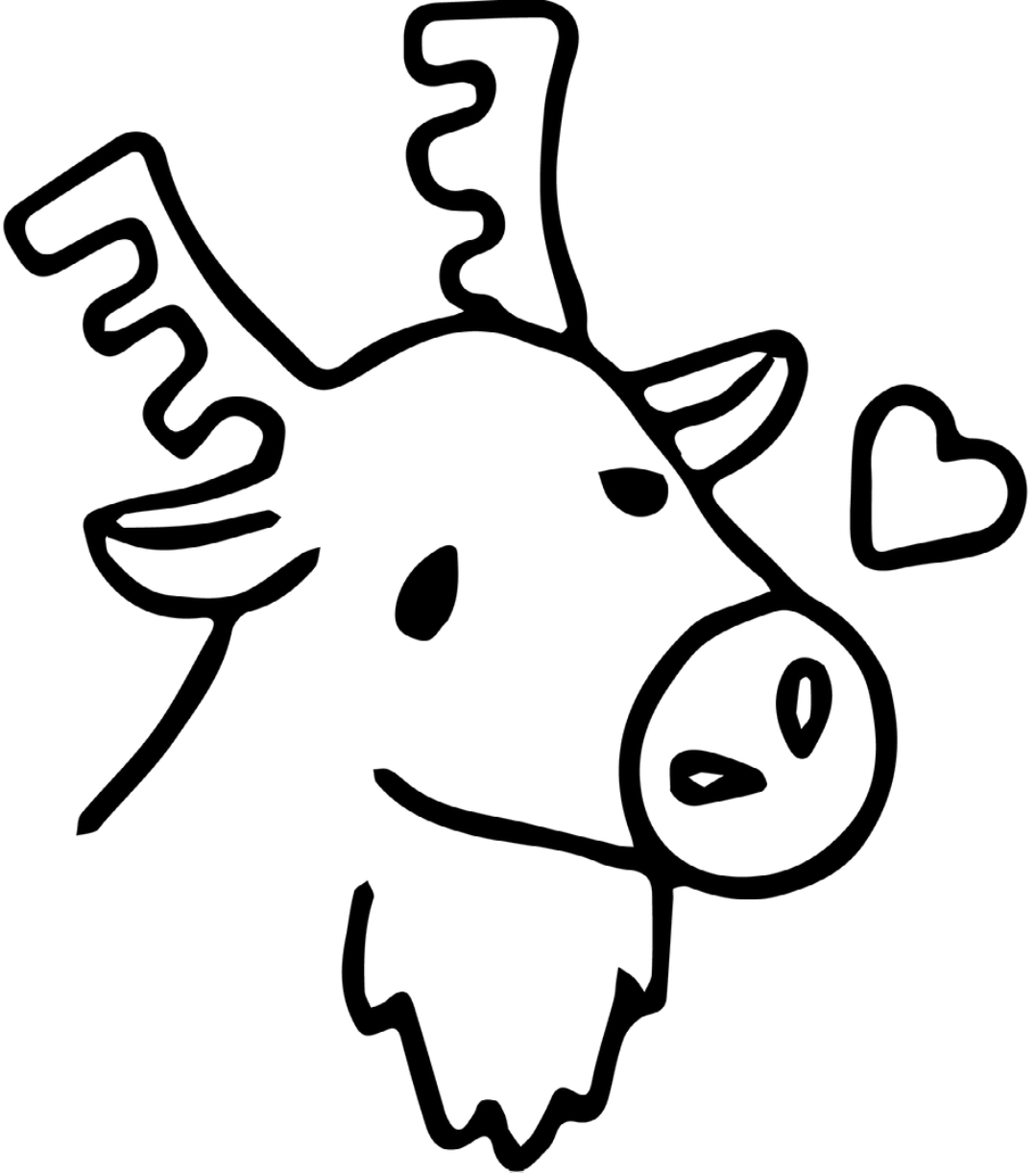 ハートマークがついたトナカイの顔の白黒のイラスト
