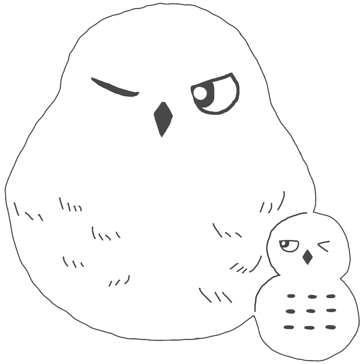 親と子のシロフクロウがウインクしている白黒のイラスト