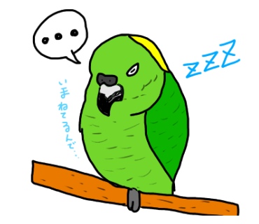 ZZZ今ねてるんで… 木の枝にとまり寝ているキエリボウシインコのイラスト