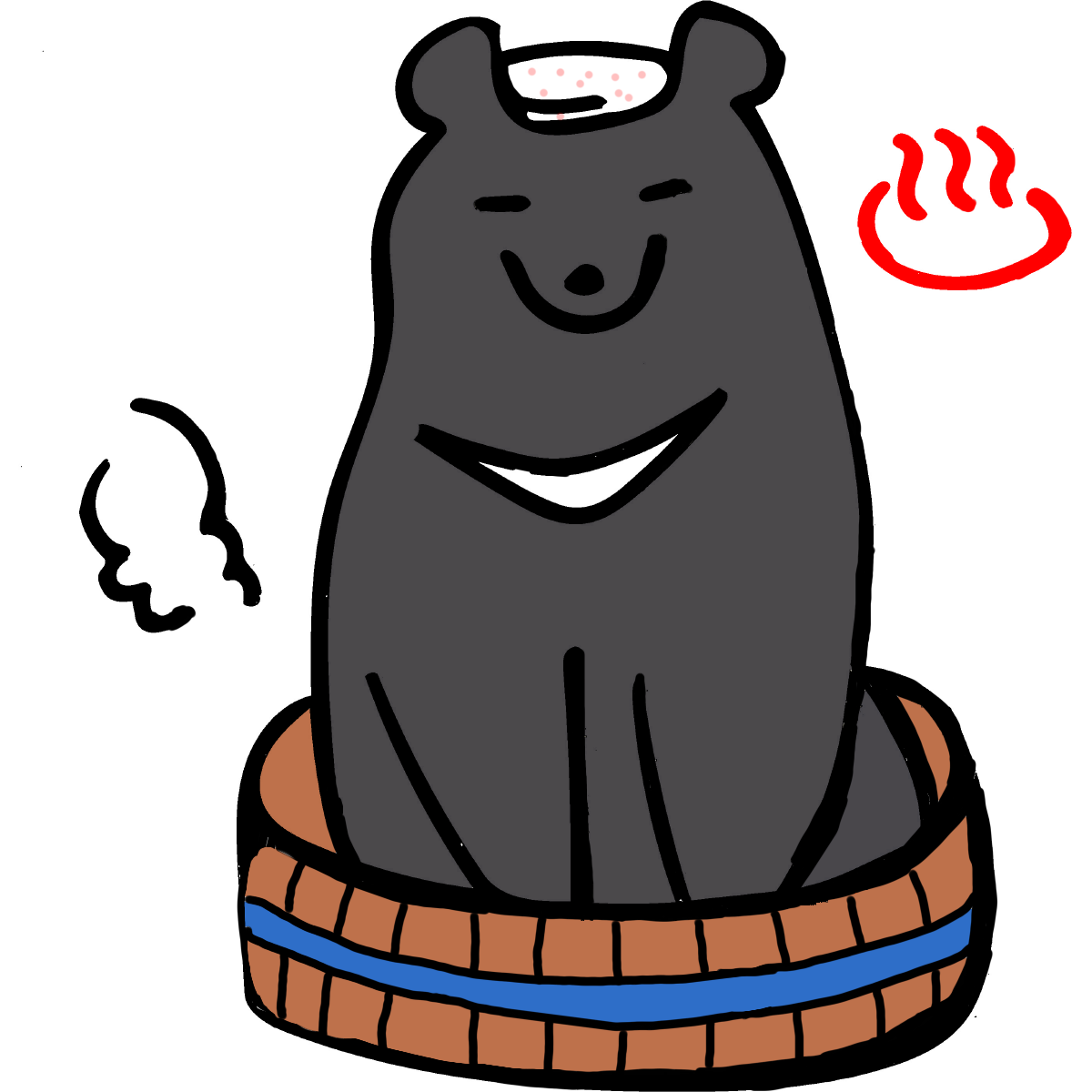 頭に手ぬぐいをのせ、お湯が入った桶の中に入った入浴中のニホンツキノワグマのイラスト