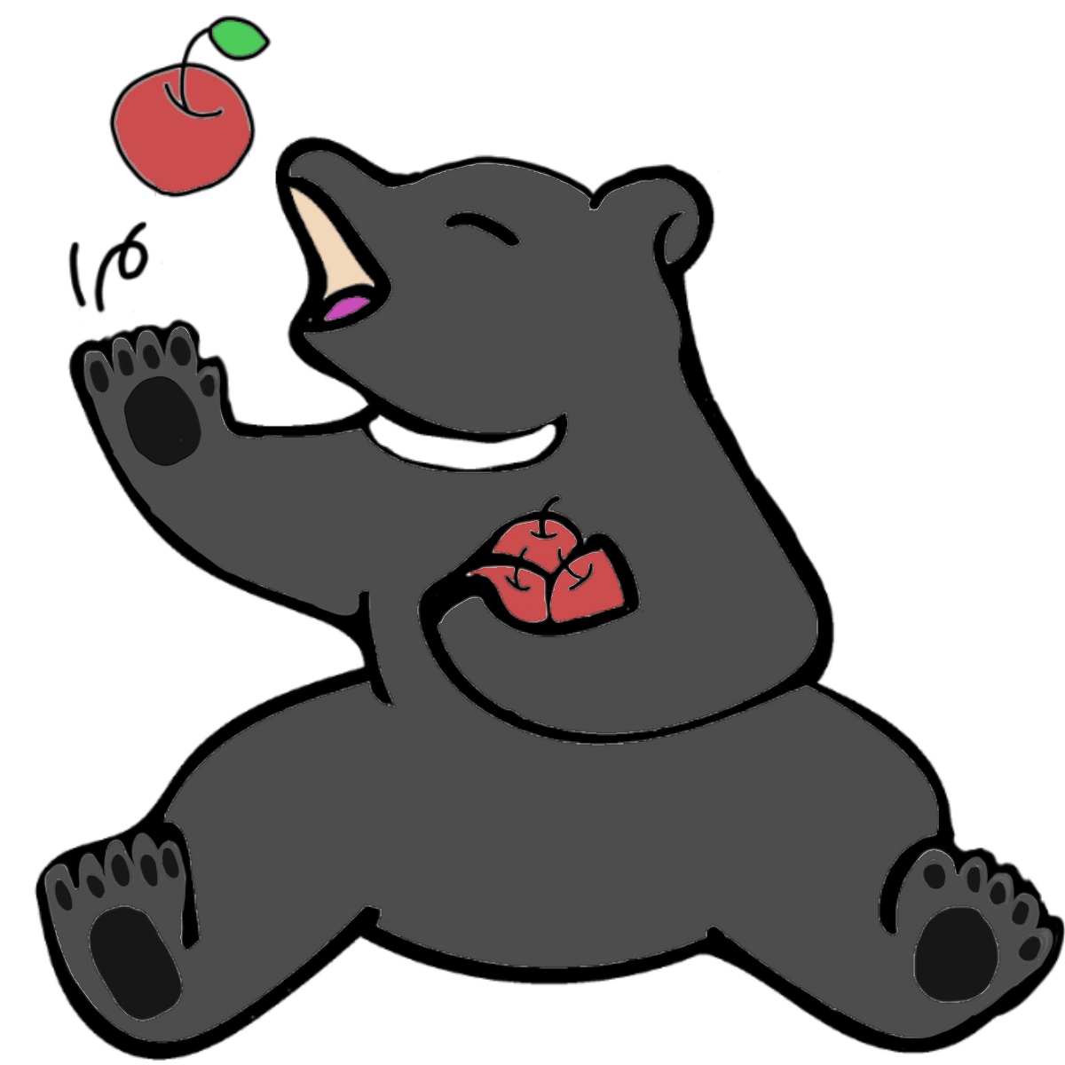 両後足を広げて座り、りんごを口に入れているニホンツキノワグマのイラスト