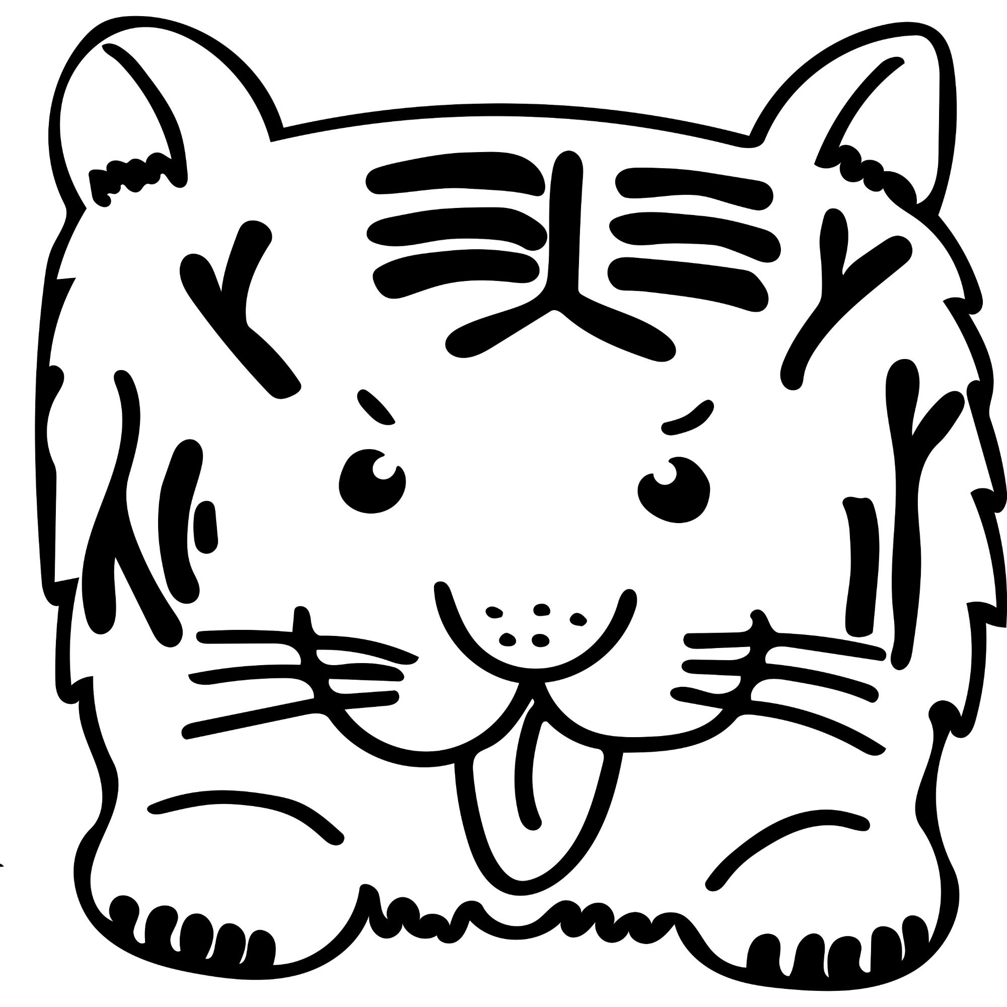 舌を出したお茶目なベンガルトラの白黒のイラスト