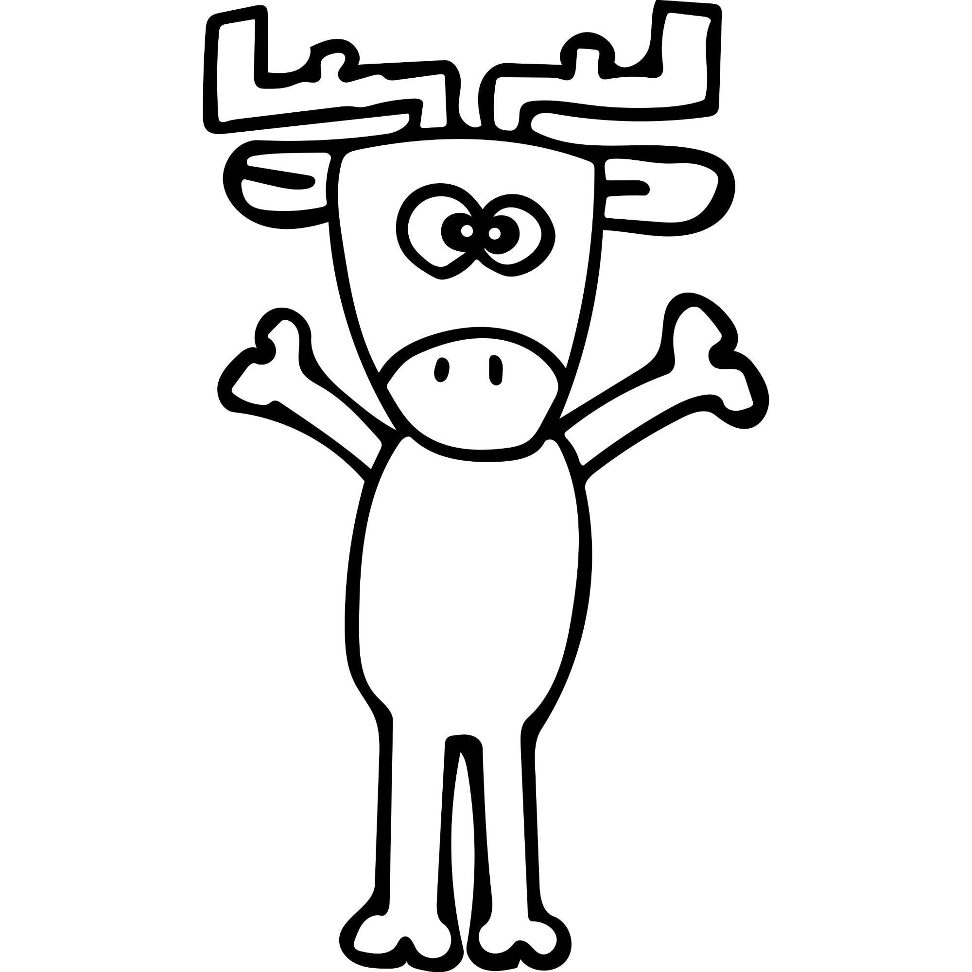 両前足をバンザイして立っているトナカイの白黒のイラスト