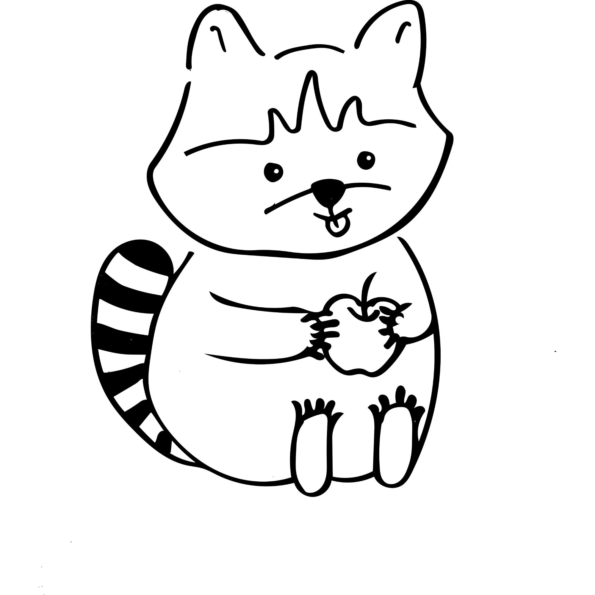 りんごを持っている尻尾がしま模様のアライグマの白黒のイラスト