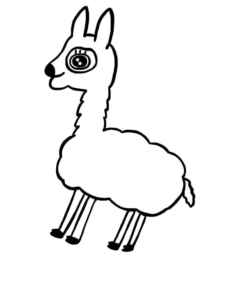 目が大きなアルパカの白黒のイラスト