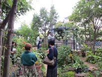 整備されたピンクの花が咲いた植物や木があるオープンガーデンで手入れをしている女学生達と、緑の上着を着た女性がいる様子の写真