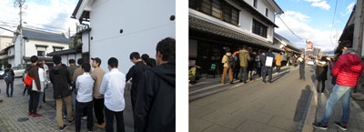 左：右にある白い建造物の前で2列に並び授業をうけている学生達の後ろ姿の写真、右：石畳の道路の両サイドに建物があり、その左側の歩道に授業をうけている複数の学生がいる写真