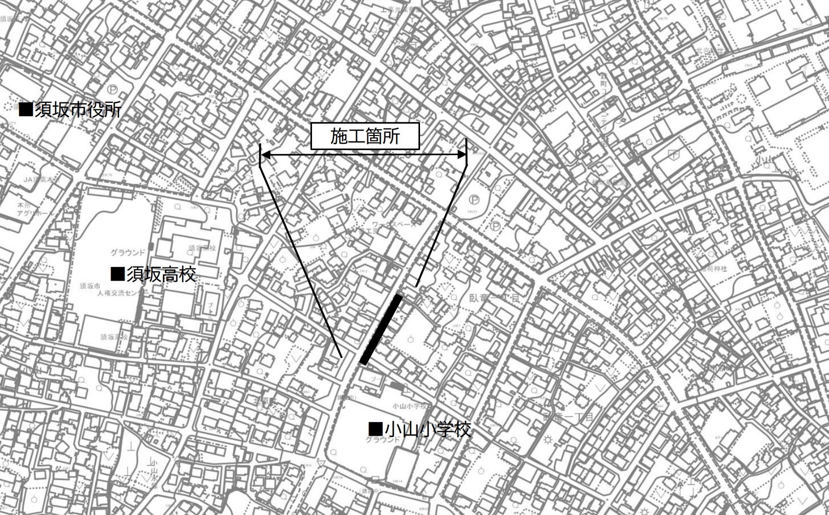 工事個所の地図。小山小学校のグラウンド側道路北の交差点から直進の部分