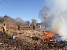 晴れた冬の日、枯れた下草を広範囲で燃やしている。バケツが一つ近くにおいてある。