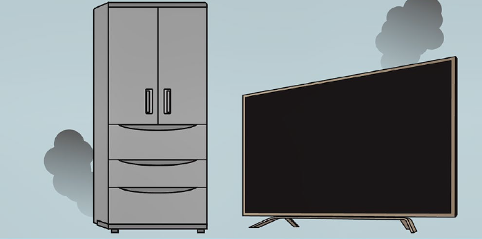電気器具の冷蔵庫とテレビから煙や臭い出ている様子を描いた注意を払う写真