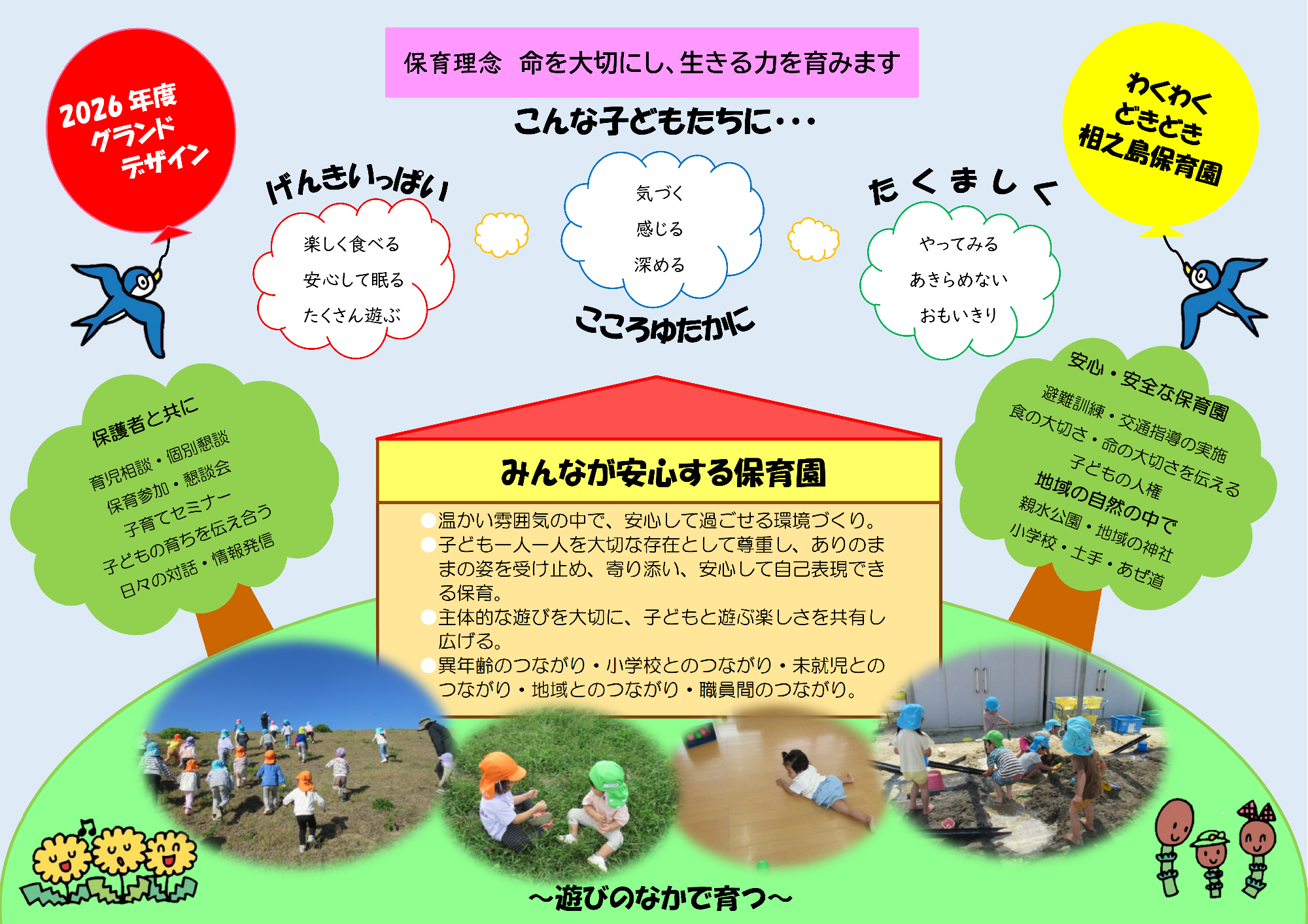 相之島保育園のグランドデザイン。上部に「一人一人の子どもを心から尊重し、生きる力を育みます」と書いてあり、中央部分に「たいせつにしたいこと、遊びの中から育つ子」と記載してあります。下段には園児の活動の写真があります。
