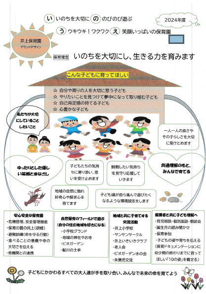 井上保育園の園舎に園児と保育士、ザリガニ、ダンゴムシなどが描かれています。一番上段に「いのちを大切に、のびのび遊ぶ、うきうきわくわく、笑顔いっぱいの保育園」と書かれ、その下に「こんな子どもに育ってほしい」と続きます。