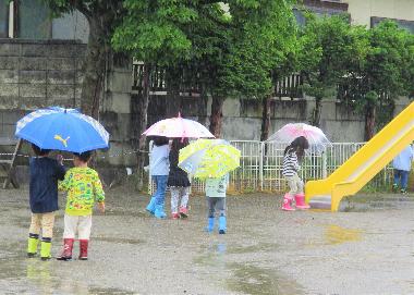 雨の日、園庭の地面は水たまりができている。色とりどりの傘をさし、長靴をはき、園庭を散策する園児たち。