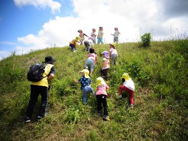 急な土手をたくましく登っていく未満児の園児たち。手も使いながら頑張って登っています。