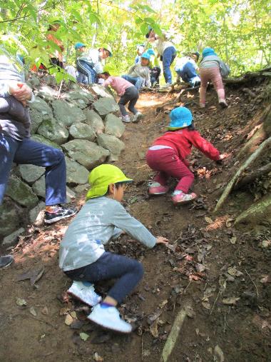 近くの山にお散歩。かなり急な土の斜面も、日ごろから登っているので慣れた様子で登る。
