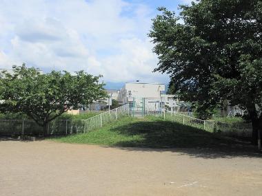 正面奥に高甫小学校。その小学校との境いあるフェンスから高甫保育園の坂道につながる風景。右側には高甫保育園のシンボルの初夏の桜の木。