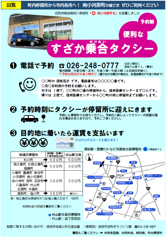 須坂乗り合いタクシーをご利用ください。1.電話で予約、2.時間になったら停留所にタクシーが迎えにきます。3.目的地停留所についたら運賃をしはらいます。