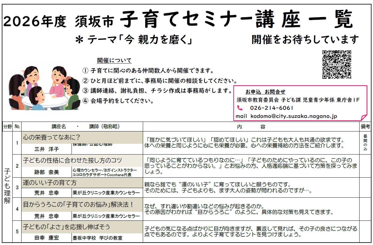 各町やPTAなどで子育てに関する講演会やワークショップを企画させる際の参考にしてください、お問い合わせは須坂市子ども課へ。