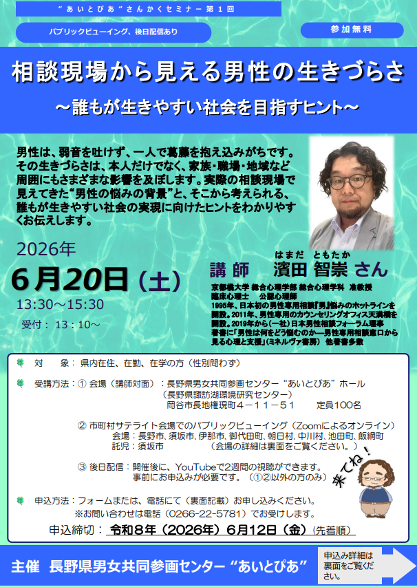 男性の生きづらさに関するセミナーを開催します。講師は京都橘大学准教授のはまだともたか先生です。