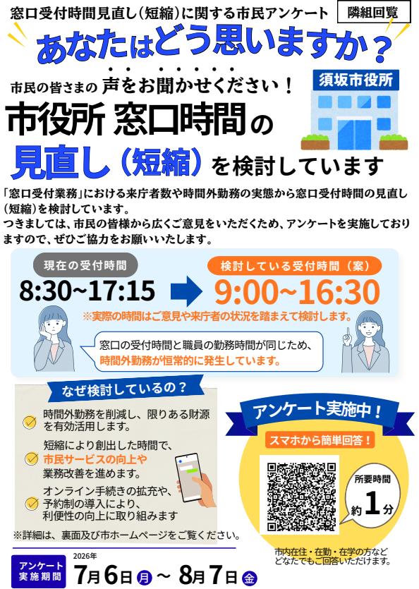 市役所受付の窓口時間見直しを検討しています。現在、午前8時30分から午後5時15分のところを、午前9時から午後4時30分に短縮を検討しています。みなさんのご意見をおきかせください。スマートフォンから回答でき、個人情報の入力はありません。1分で完了します。アンケート受付期間は8月7日までです。