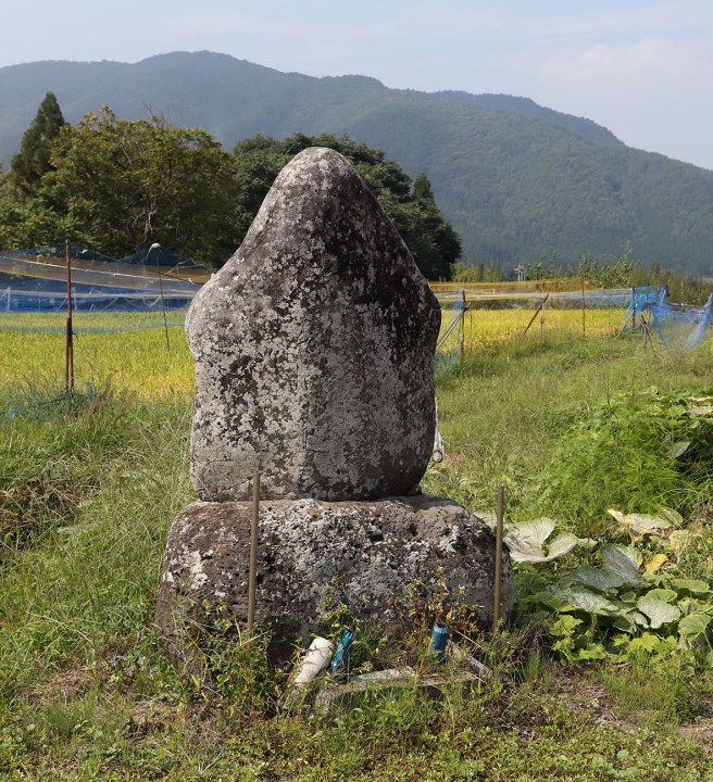 青い遮光ネットが張られた畑の前に苔と地衣類に覆われた丸みのある大きな自然石が台座の石の上に置かれた写真