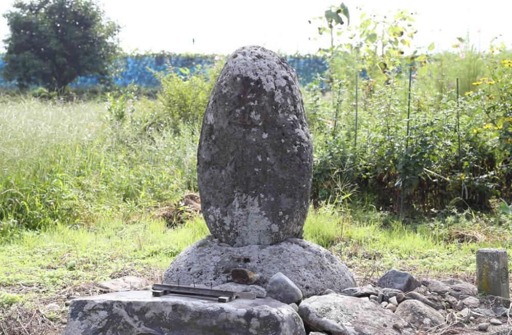 雑草が生い茂る野原の中に背の高い卵型の自然石が苔むした台座の上に立てられた石碑が建っており、手前の平たい石の上には線香立てが置かれている三入道組道祖神の石碑写真